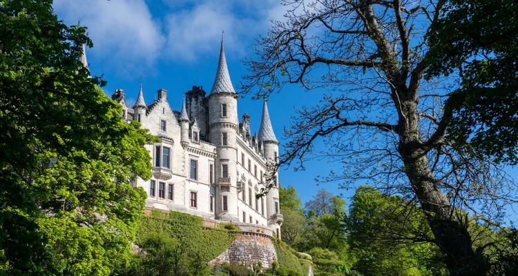 Un castillo grandioso e histórico rodeado de vegetación bajo un cielo azul brillante.