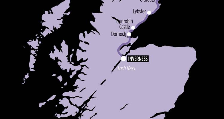 Mapa de ruta estilizado del norte de Escocia que destaca Inverness y las paradas costeras