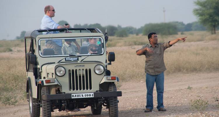 A guide points across the dusty landscape while tourists observe from an open jeep.