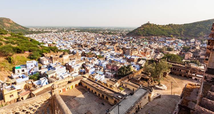 A sweeping aerial view of Bundi’s blue-washed houses and surrounding hills.
