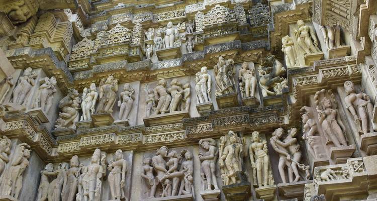 Detailed carvings on a temple wall.