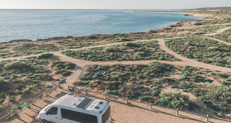 Kustlandschap met strand en begroeiing.