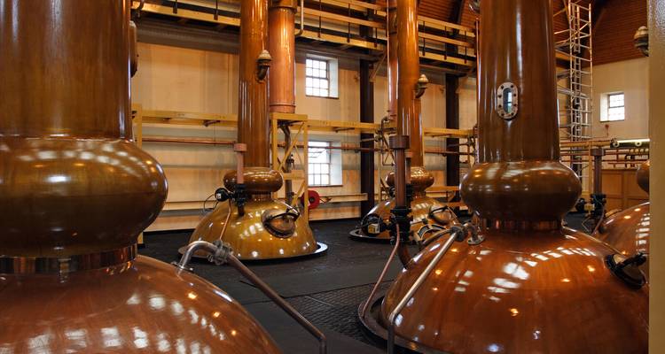 Innenraum einer Whisky-Destillerie mit Kupferbrennblasen.