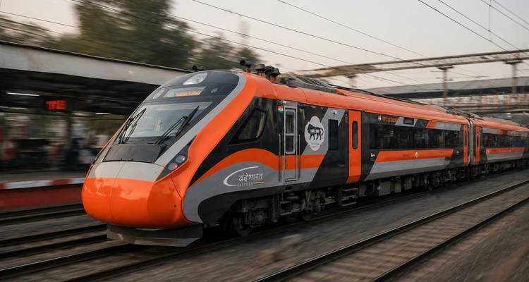 Oranje en grijze Vande Bharat exprestrein die met hoge snelheid door een Indisch spoorwegstation scheurt.