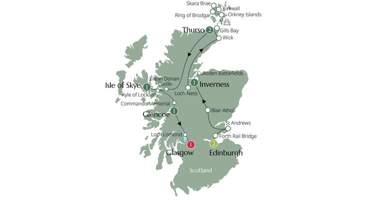 A map of Scotland with highlighted cities and routes.