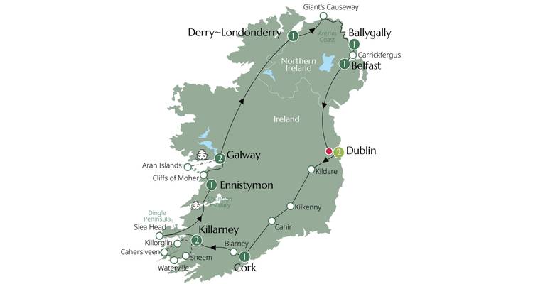 Carte représentant un itinéraire de voyage à travers l'Irlande avec des lieux étiquetés.