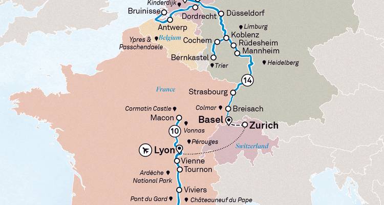 Map showing a travel itinerary through parts of France, Germany, and Switzerland.