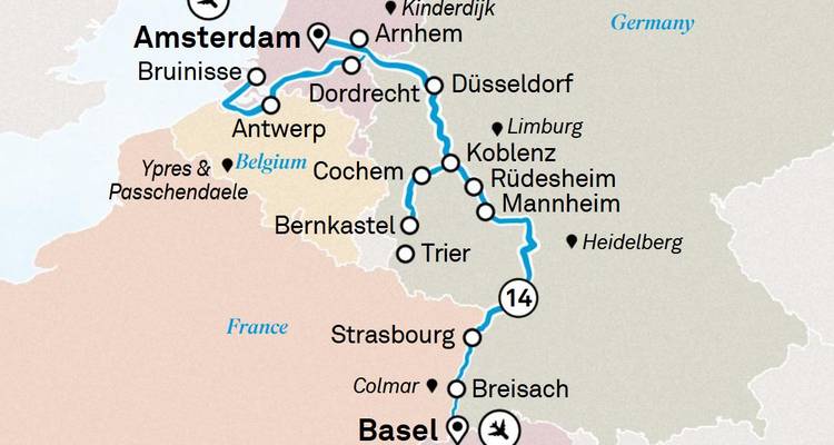 Carte d'itinéraire stylisée montrant un itinéraire de croisière fluviale d'Amsterdam à Bâle avec les arrêts étiquetés.