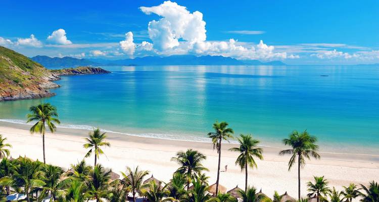 Belle plage avec des palmiers et des eaux bleues claires.