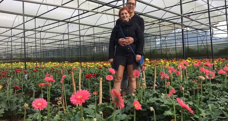 Couple debout dans une serre de fleurs avec des fleurs colorées.