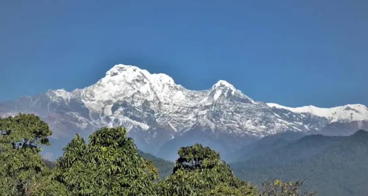 Nahaufnahme von schneebedeckten Berggipfeln vor einem klaren Himmel.
