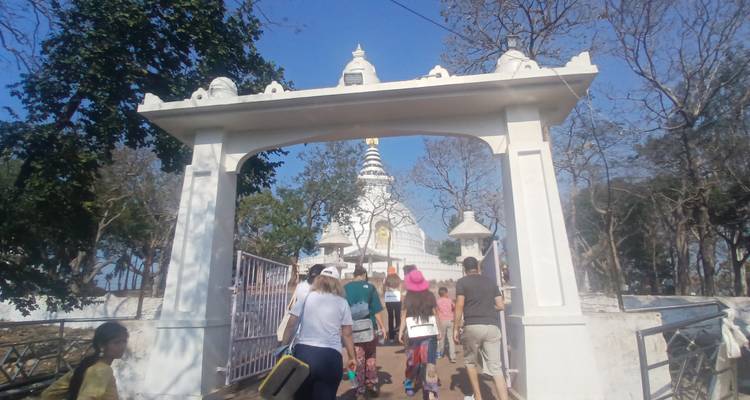 Eine Gruppe von Menschen, die sich einer weißen Pagode mit einer goldenen Spitze nähert.
