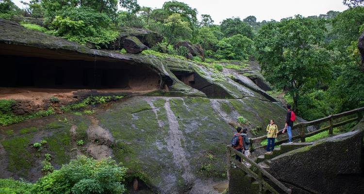 Tourists exploring a lush, forested area with ancient cave structures.