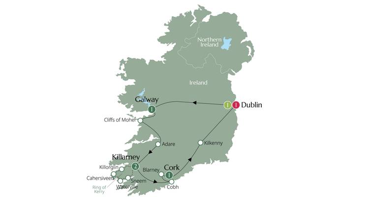 Une carte de l'Irlande avec divers lieux marqués.