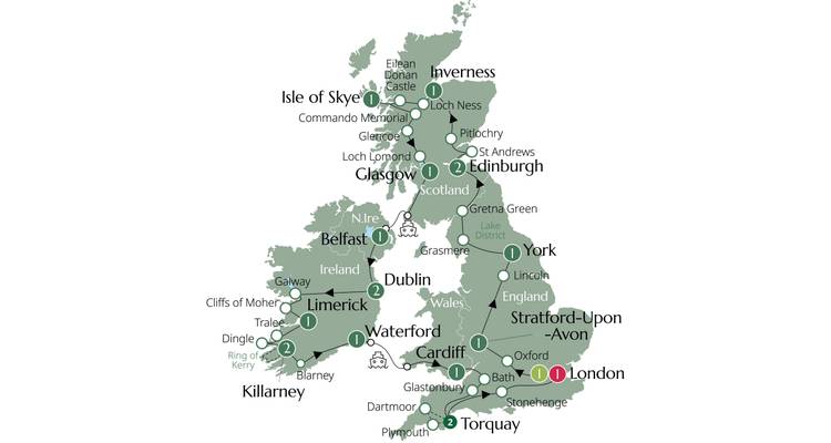Une carte mettant en évidence les principales villes et routes du Royaume-Uni et de l'Irlande.
