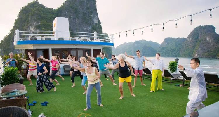 Groep die Tai Chi beoefent op een boot met een schilderachtig decor.