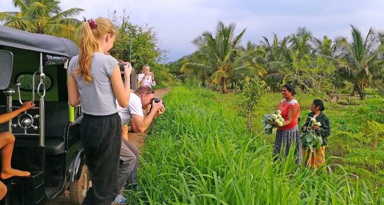 Tourists photographing locals in a lush field.