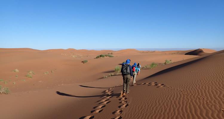 Menschen, die auf Sanddünen unter einem klaren blauen Himmel wandeln.