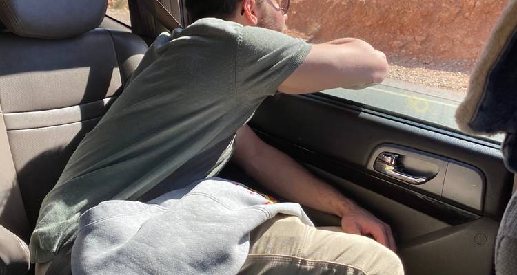 Een persoon die uit een autoraam leunt, met uitzicht op het landschap buiten.