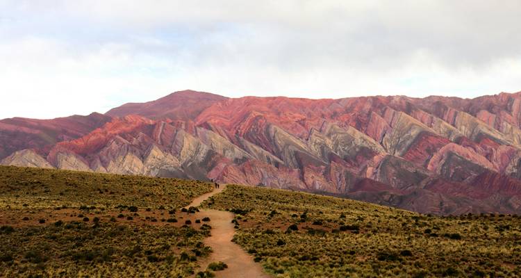 Cordillera montañosa colorida con pastizal en primer plano.