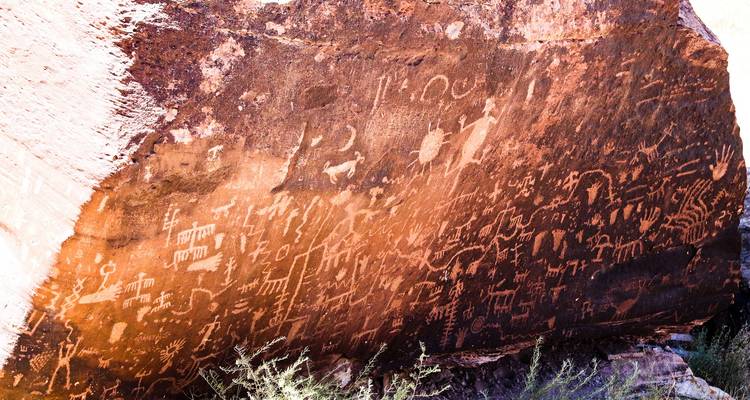 Pétroglyphes sur une grande surface rocheuse.