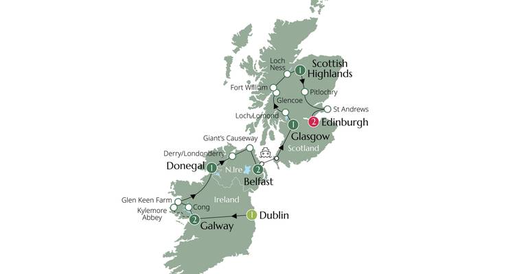 Carte montrant diverses villes et lieux en Irlande et en Écosse.