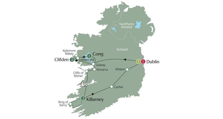 Map of Ireland with marked travel destinations.
