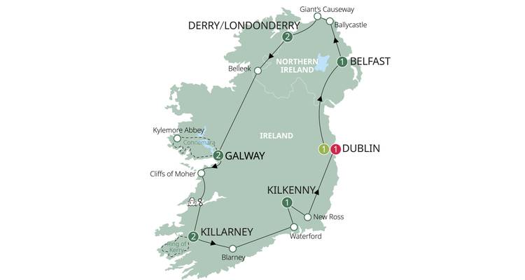 Carte illustrée de l'Irlande avec les grandes villes et les routes touristiques.
