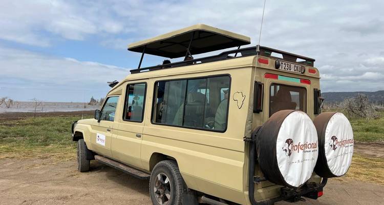Véhicule de safari avec des touristes dans une zone de stationnement.