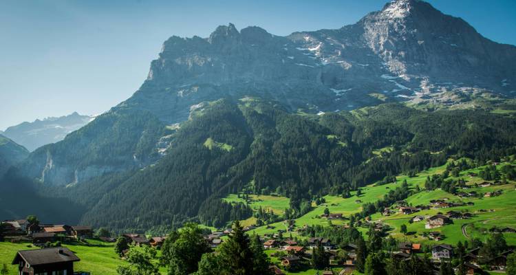 Vista panorámica de montaña con prados verdes y chalets.