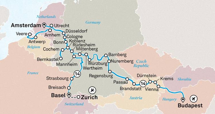 Karte, die eine lange Reiseroute durch mehrere europäische Städte veranschaulicht.