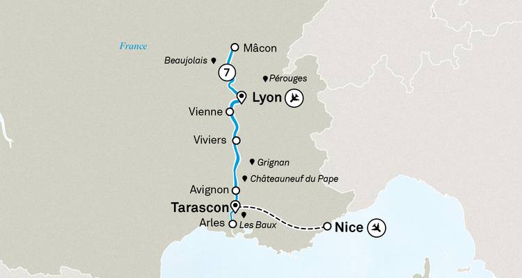 Map showing locations in France, including Lyon and Nice.
