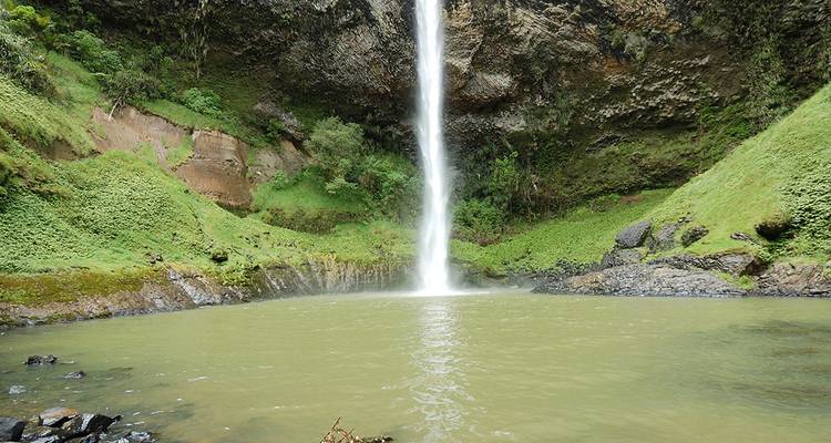 Tall thin Bridal Veil Falls plunging into a green pool surrounded by lush vegetation.