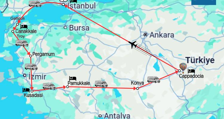 Carte montrant un itinéraire de voyage à travers la Turquie.