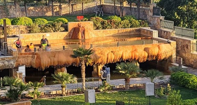 Personas disfrutando de una piscina termal en un entorno de jardín exuberante.