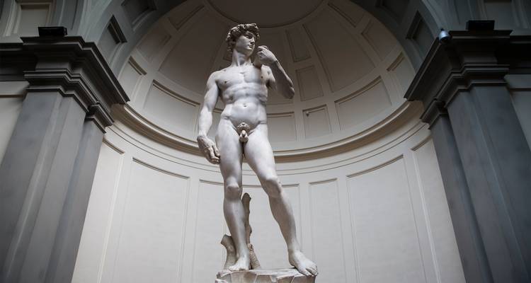 Marmorstatue von Michelangelos David, die unter einer großartigen Kuppelnische ausgestellt ist.