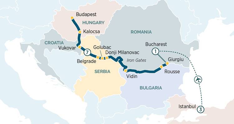 Mapa que muestra un itinerario de viaje por Europa.