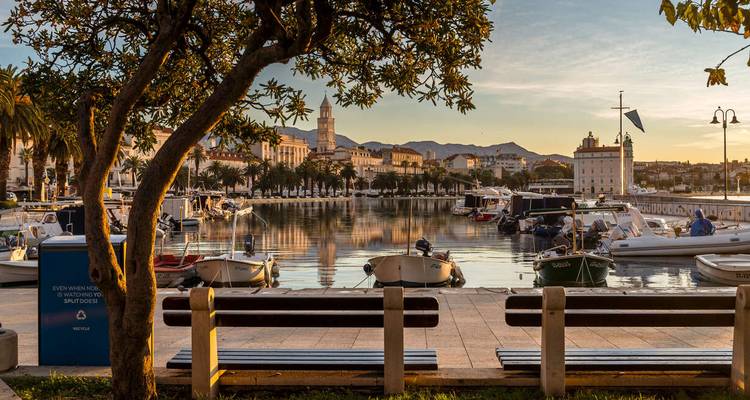 Harbor with boats and distant view of city architecture.