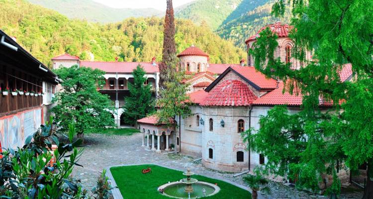 Complejo monástico con techos rojos y vegetación.