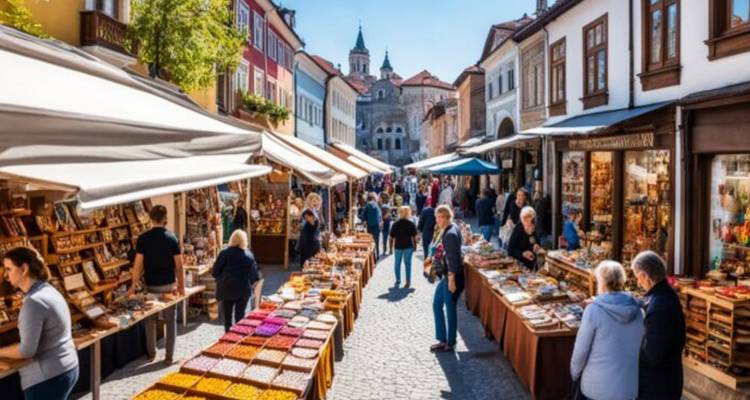 Mercado callejero con personas comprando y vendiendo productos.