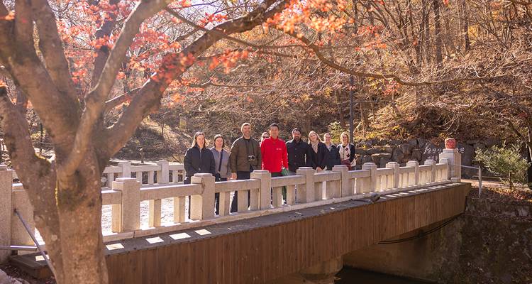 Groupe de personnes sur un pont de pierre entouré d'arbres d'automne.
