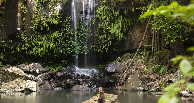 Cascade qui se déverse dans un bassin tranquille.