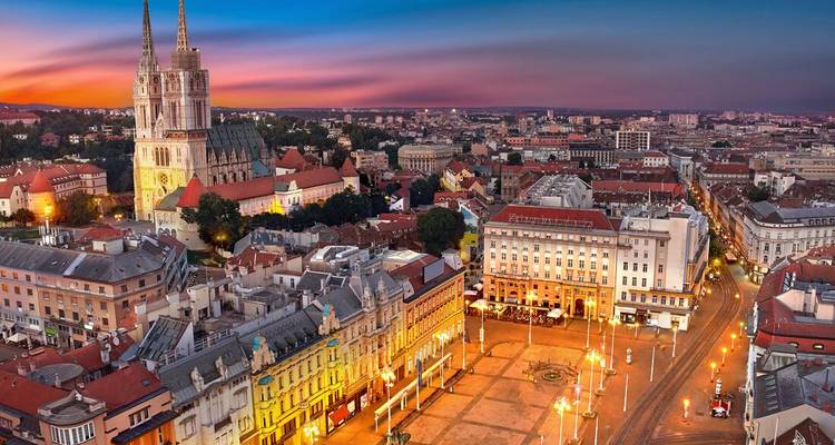 Panoramic view of Zagreb's city center at sunset.