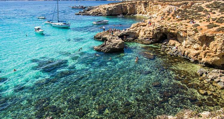 People swimming in clear water near rocky shoreline.
