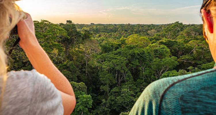 Reisende mit Ferngläsern durchsuchen das weitläufige smaragdgrüne Amazonas-Blätterdach von einem hohen Aussichtspunkt bei Sonnenuntergang.