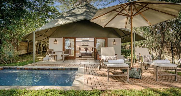 Safari lodge with private pool and loungers.