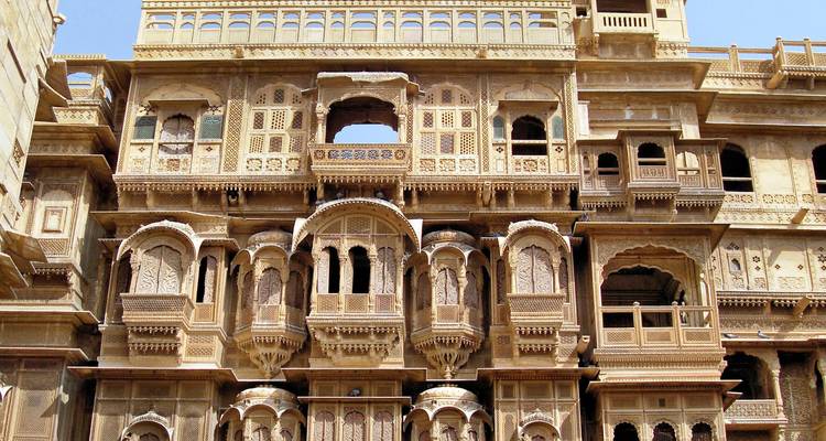 Intricate facade of Patwon Ki Haveli in Jaisalmer.