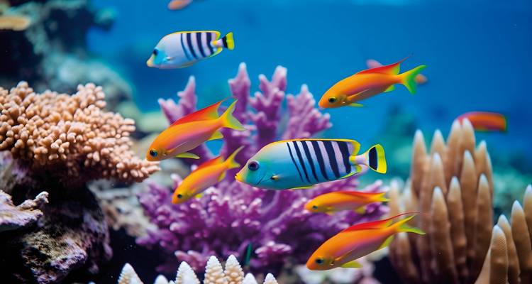 Bunte Fische schwimmen um Korallenriffe in klarem blauem Wasser.
