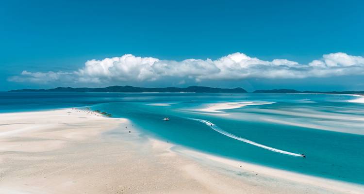 Luftaufnahme von Whitehaven Beach mit auffallend weißem Sand und türkisfarbenem Wasser.