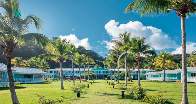 Propriété de villégiature avec palmiers et aménagement paysager luxuriant.